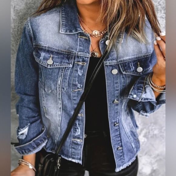 Distressed raw hem ripped denim jacket sz XXL - Picture 2 of 3
